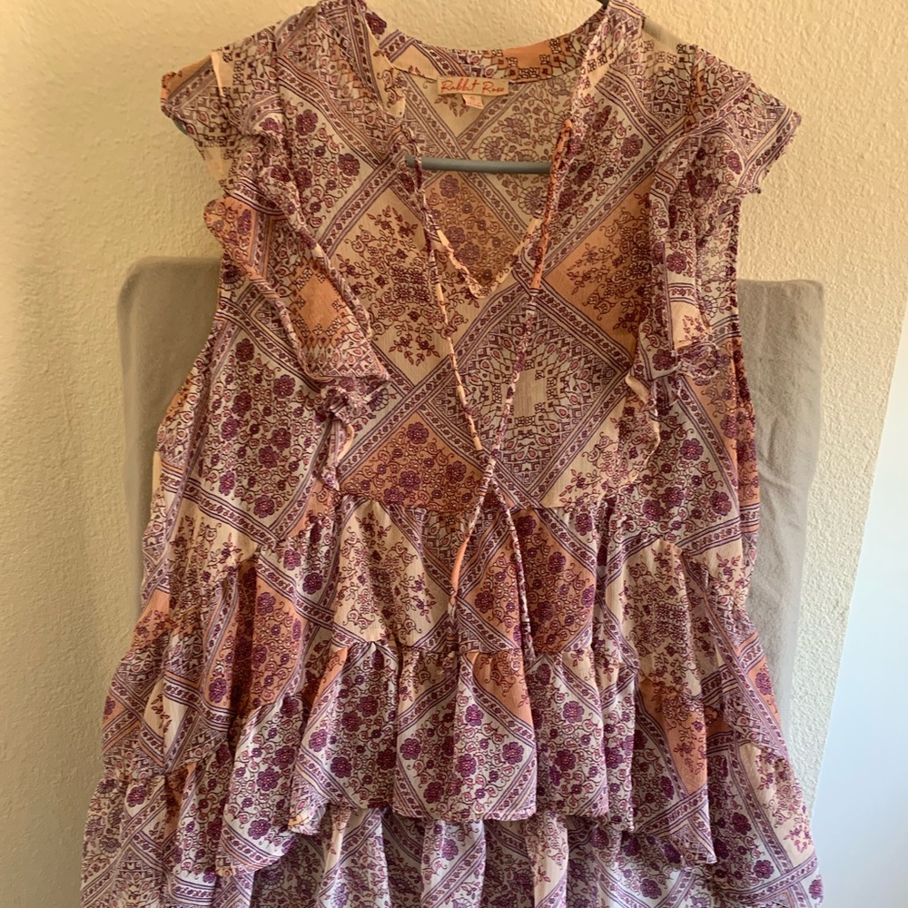 Rabbit Rose ruffle top tie at neck muted pink purple